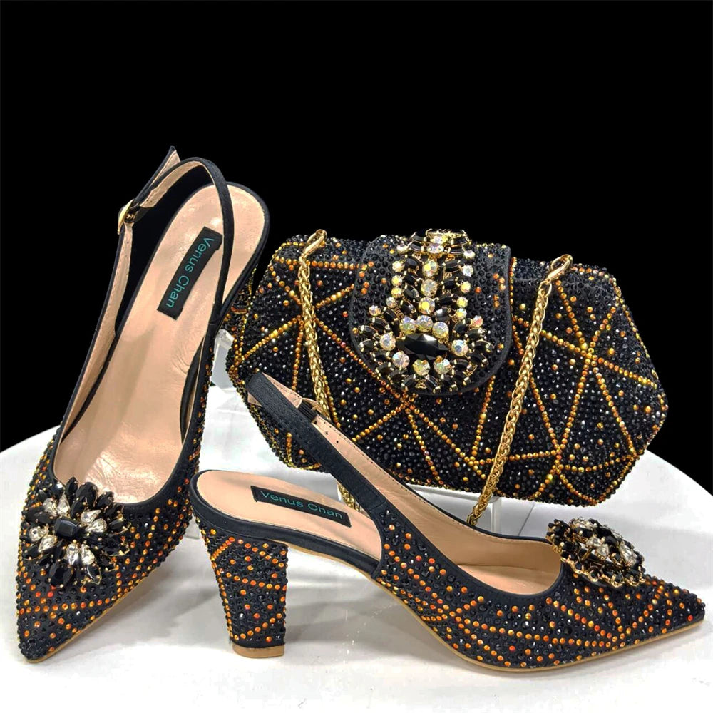 Venus Chan Nigerian Women Heel Party Ladies Italian Design Shoes And Bag Set Decorated with Rhinestone Handbag Wedding Party