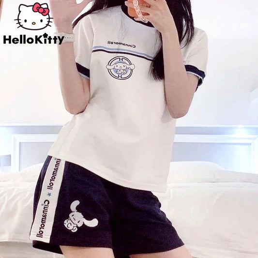 Sanrio Cinnamoroll Kuromi Women‘s Cute Sports Short Sets Emborid Summer Student Matching Sets Casual Sportwear Sweat Suit