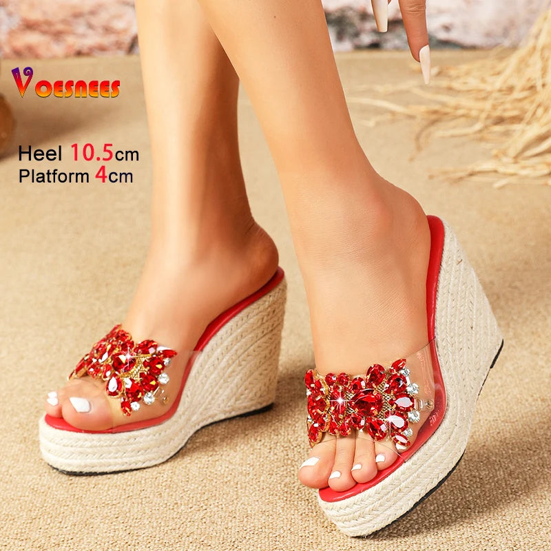 Wedges Sandals For Women 10.5CM Comfort Platform High Heels Rhinestone Slippers Large Size 42 43 Summer Ladies Transparent Shoes