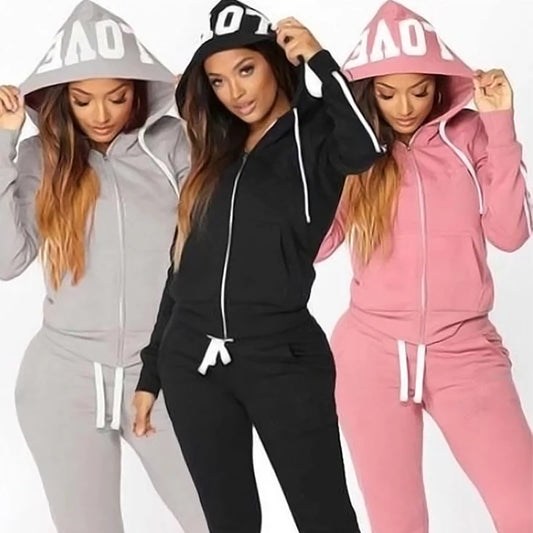 Fashion Women‘s Casual Sport Sweatpants 2-piece Sweat Suits Striped Tracksuits Hooded Jogging Sports Suits Zipper Track Suits