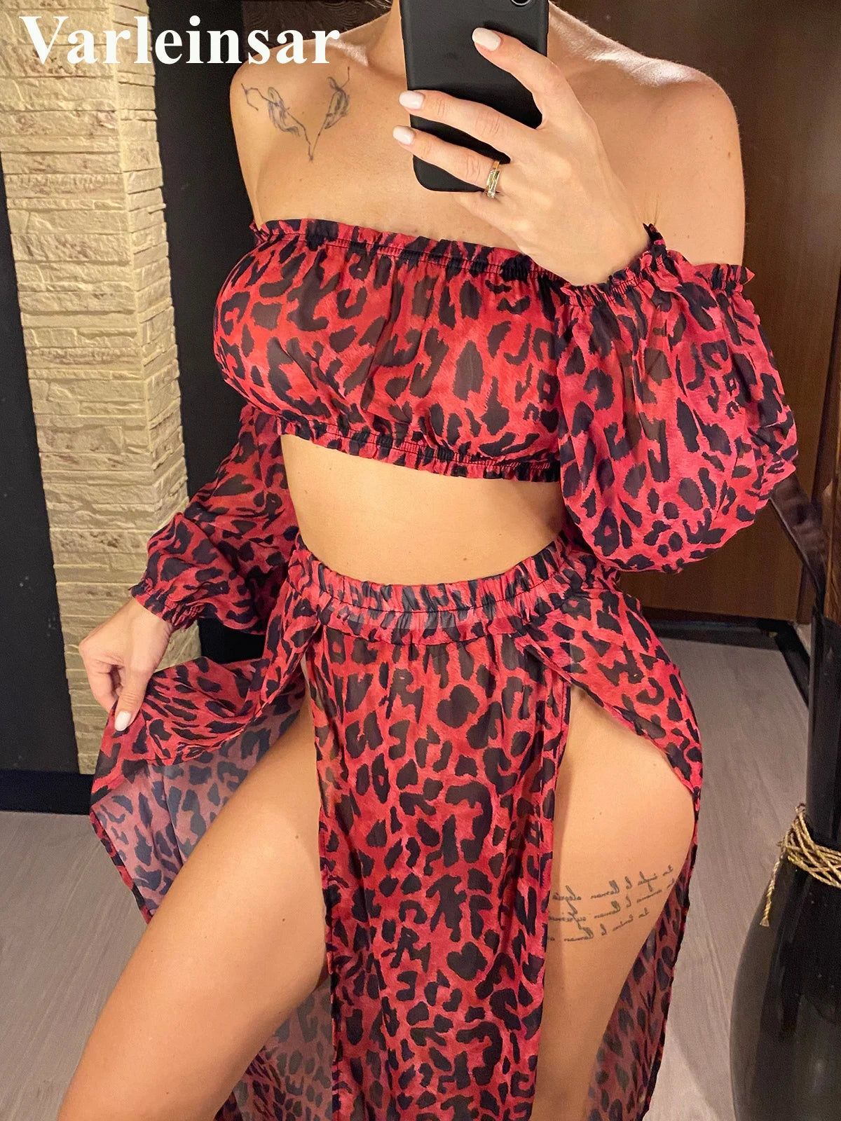 2025 Leopard Off Shoulder Long Sleeve 2 Pieces Set Beach Cover Up Cover-ups Beach Dress Beach Wear Beachwear Female Women V3728