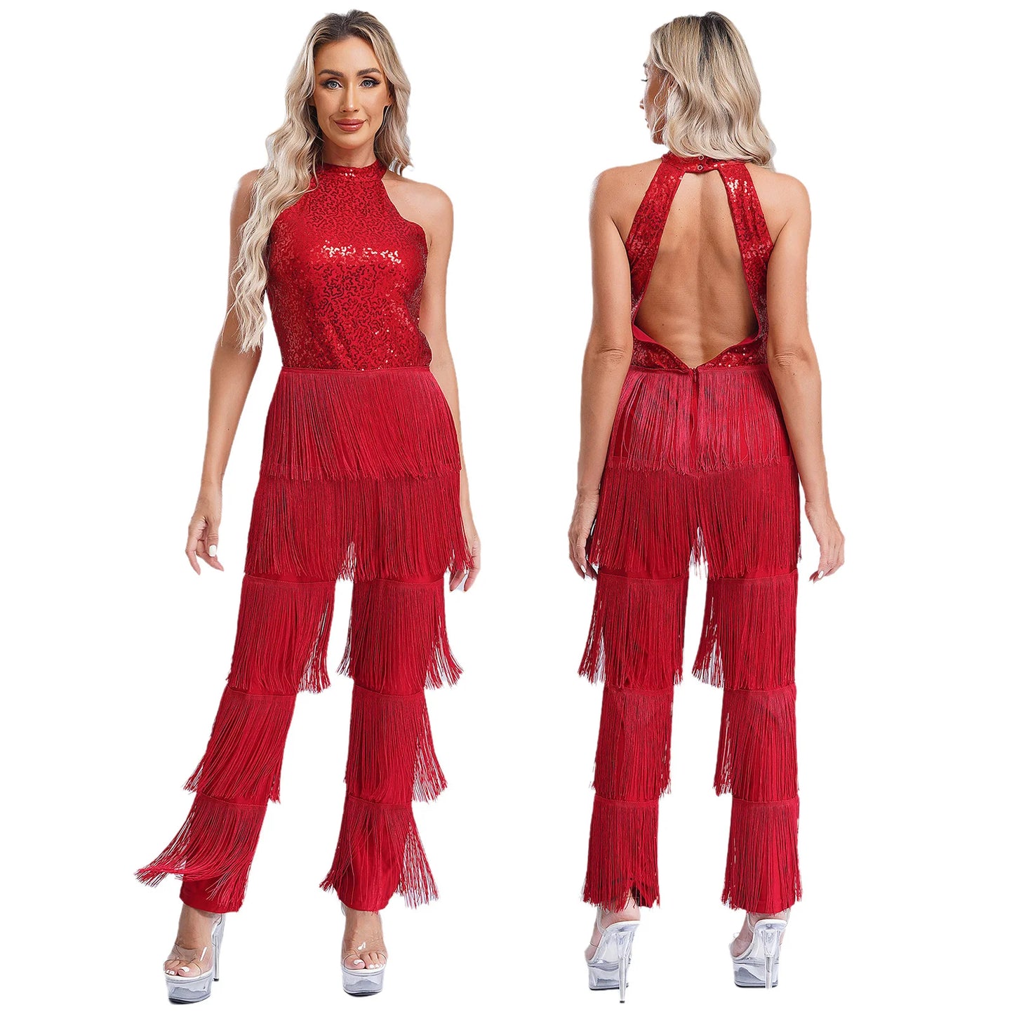 Women Latin Dance Performance Costume New Fringed Trousers Full Bodysuit Jumpsuit Ballroom Tassel Tango Cha-Cha Samba Clothes