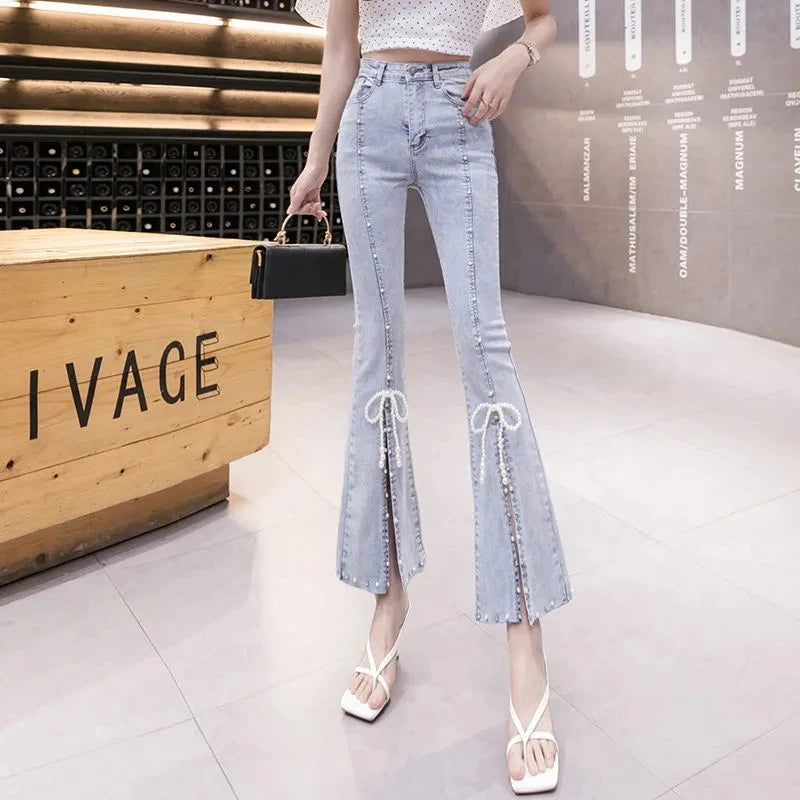 Flared Jeans Beading Design Korea Fashion High waist Tide Trousers Slim Elastic Female Bell Bottoms Spring Summer Denim Pants