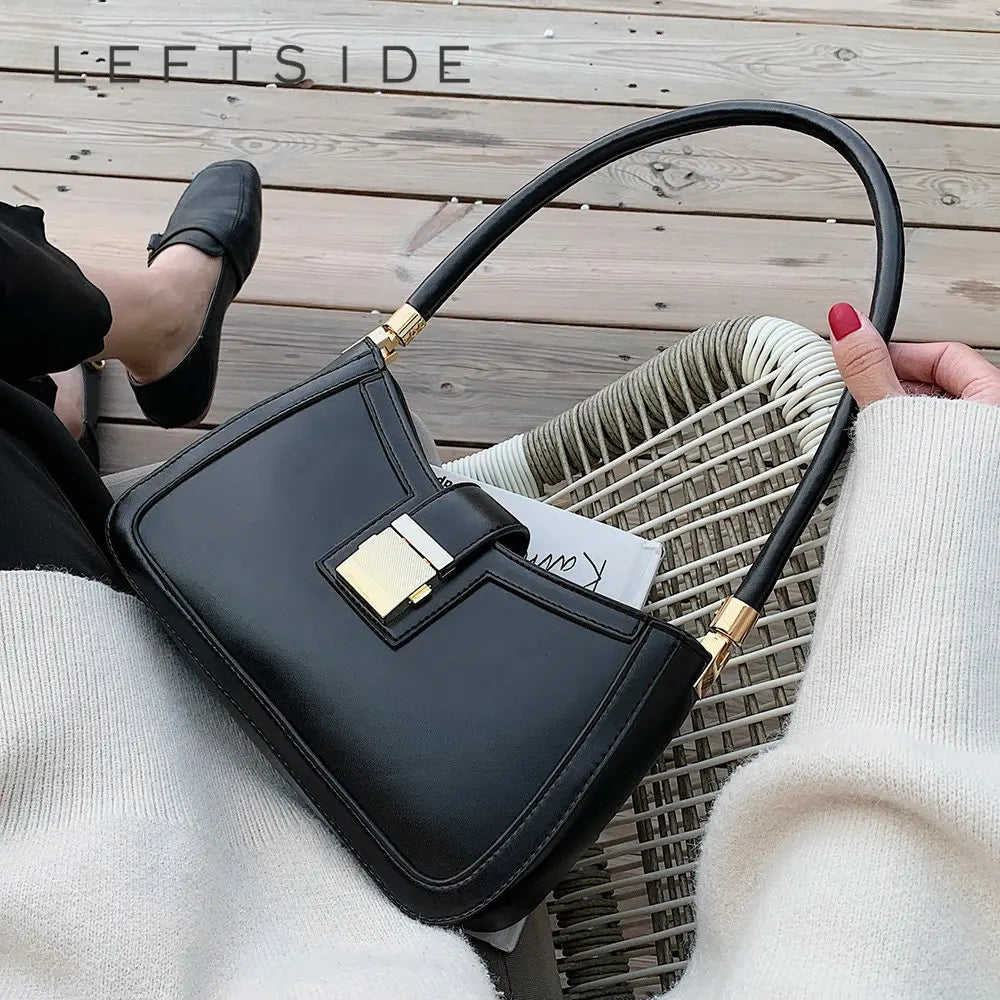 LEFTSIDE Shoulder Bags For Women Solid Color PU Leather 2025 Trend Lock Handbags Small Purse Hand Lady Designer Zipper Clutch