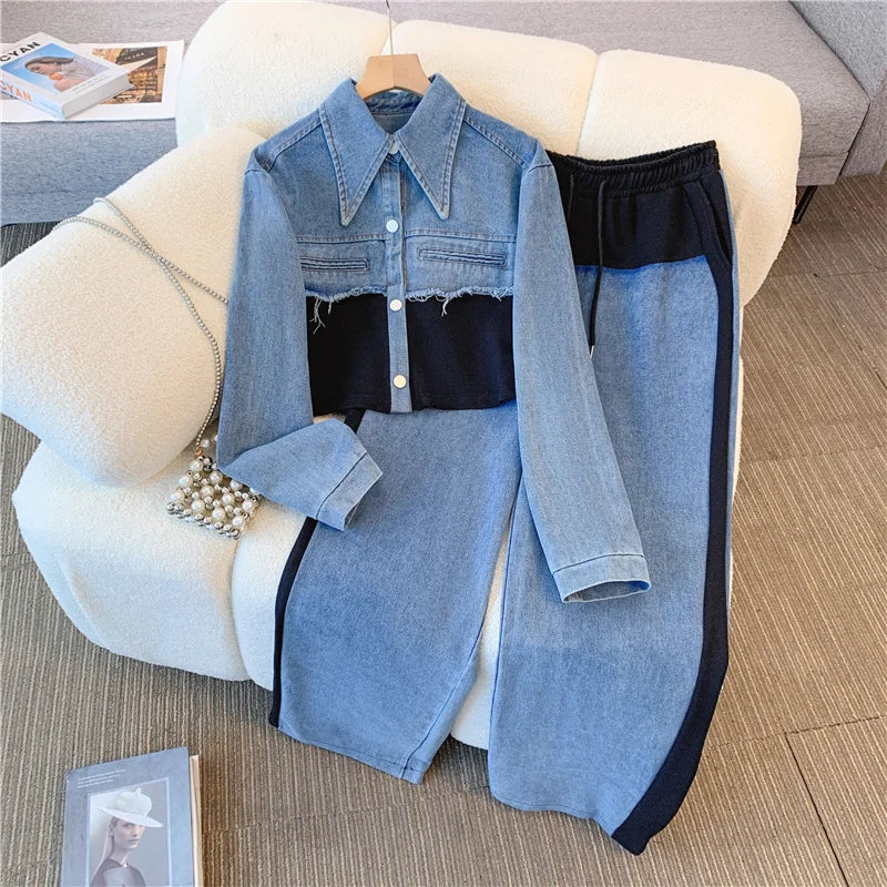 Vintage Women Patchwork Denim Jacket Pant Sets Long Sleeve Cropped Coat+High Waist Wide Leg Pants Streetwear Suit