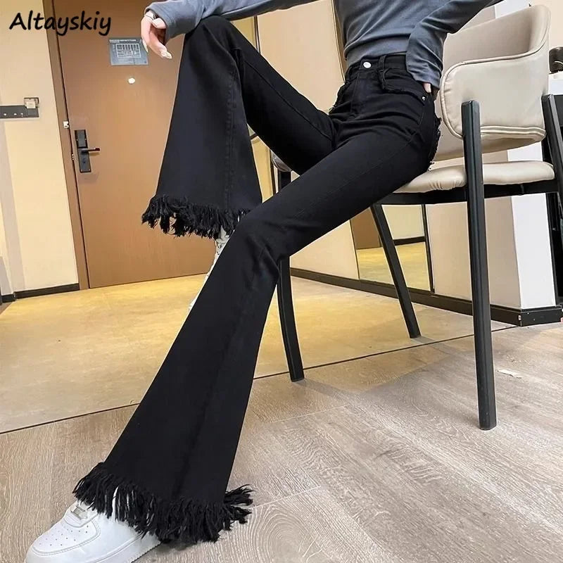 Flare Jeans Women Spring Girls Fur-lined Mopping High Waist Solid Designed Korean Style Leisure All-match Trendy Slender S-3XL