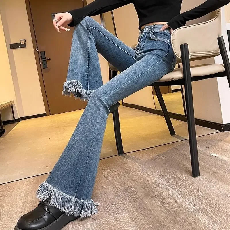 Flare Jeans Women Spring Girls Fur-lined Mopping High Waist Solid Designed Korean Style Leisure All-match Trendy Slender S-3XL