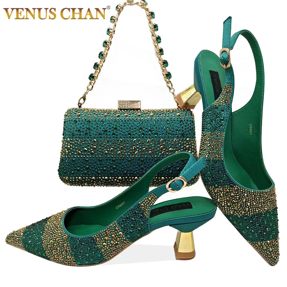 Venus Chan Fashionable Party Shoes and Bags Nigerian Women’s Party Suit Medium Heel Pointed Toe Women’s Shoes and Same Color Bag