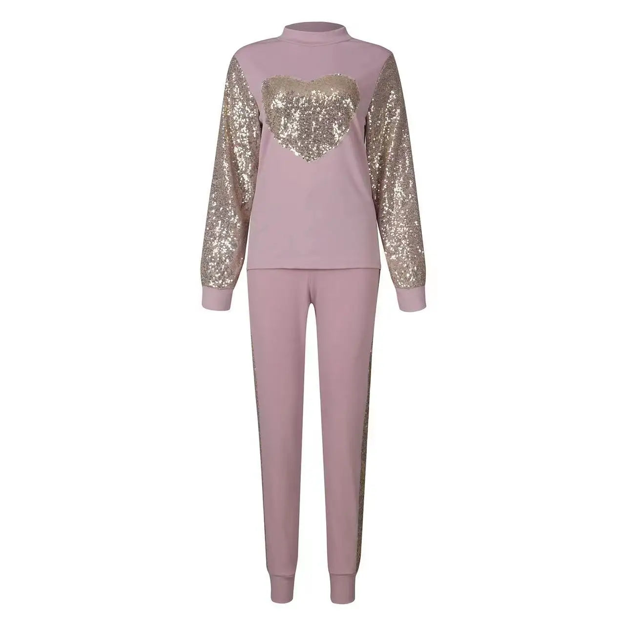 Fashion Love Sequin Suit Spring New Sports Suit Casual Half Turtleneck Long Sleeve Pullover Top Lace Up Long Pants 2 Piece Set