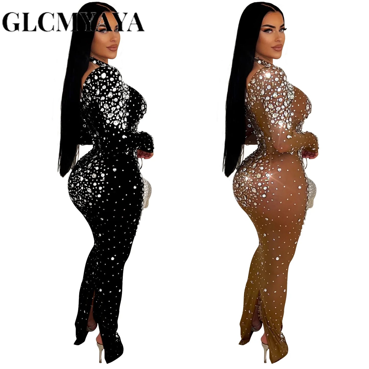 GLCMYAYA Elegant Women Long Sleeve Mesh Diamonds Hot Rhinestones Bodycon Midi Dress Women’s Maxi Long Evening Birthday Dresses