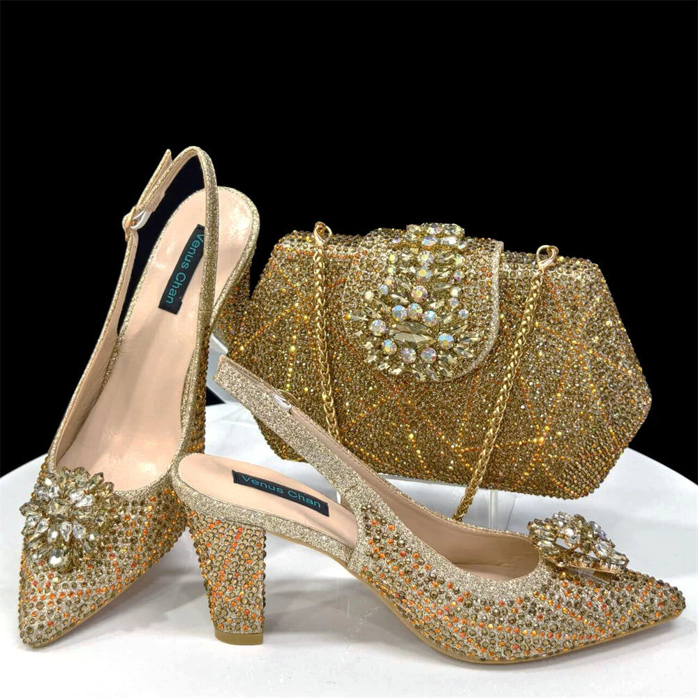 Venus Chan Nigerian Women Heel Party Ladies Italian Design Shoes And Bag Set Decorated with Rhinestone Handbag Wedding Party