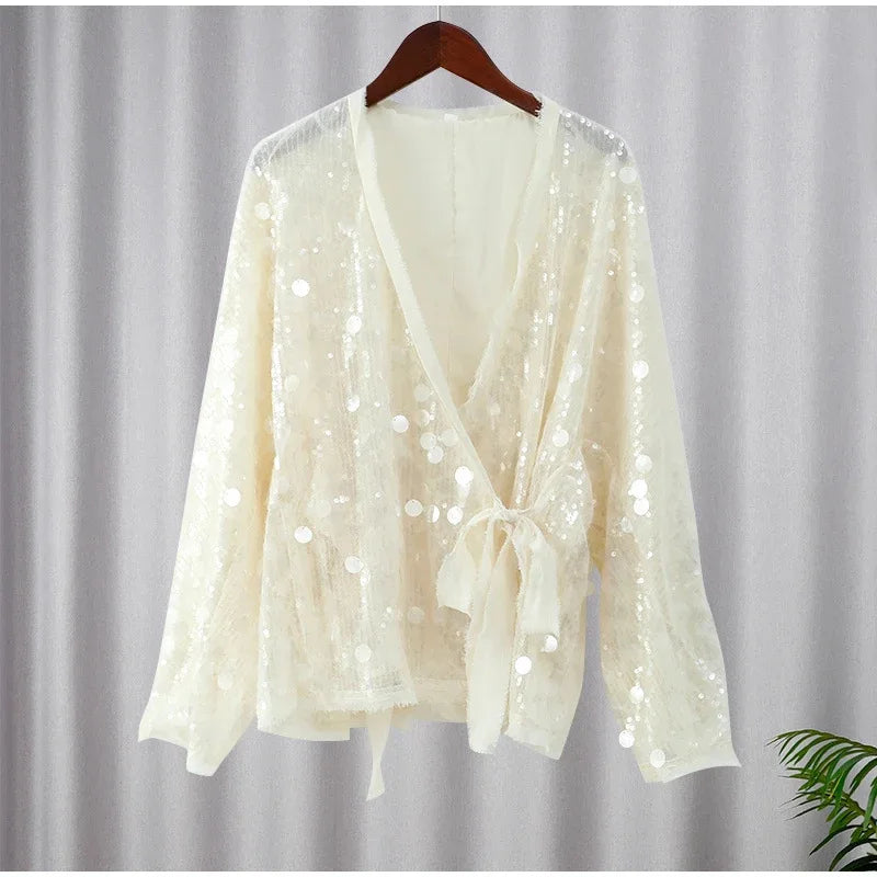 Fashion Sequins Spliced Design Women's Shirt V Neck Bandage Long Sleeves High Street Blouse Casual Autumn New Clothing