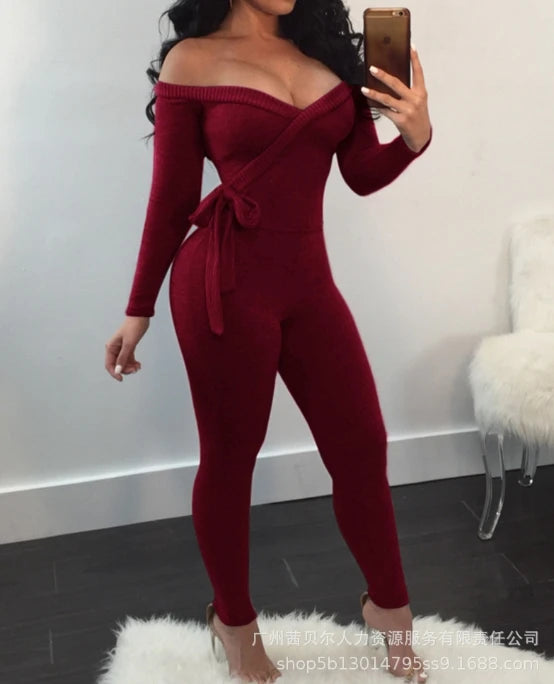 Women's Pants 2024 Spring Fashion Sexy Deep V-Neck Lace Up Off Shoulder Long Sleeved Casual Solid Color Skinny Daily Jumpsuit