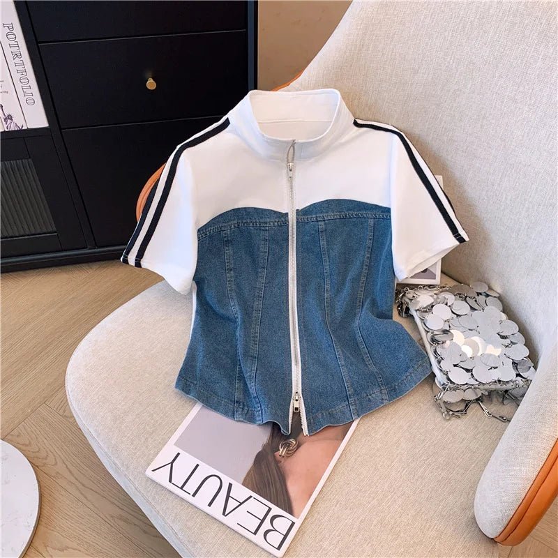 2025 Summer New Stitched Zipper T-shirt top Female Set Elegant Women's Jeans Casual Blouse Two Piece Set Ladies Tracksuits big