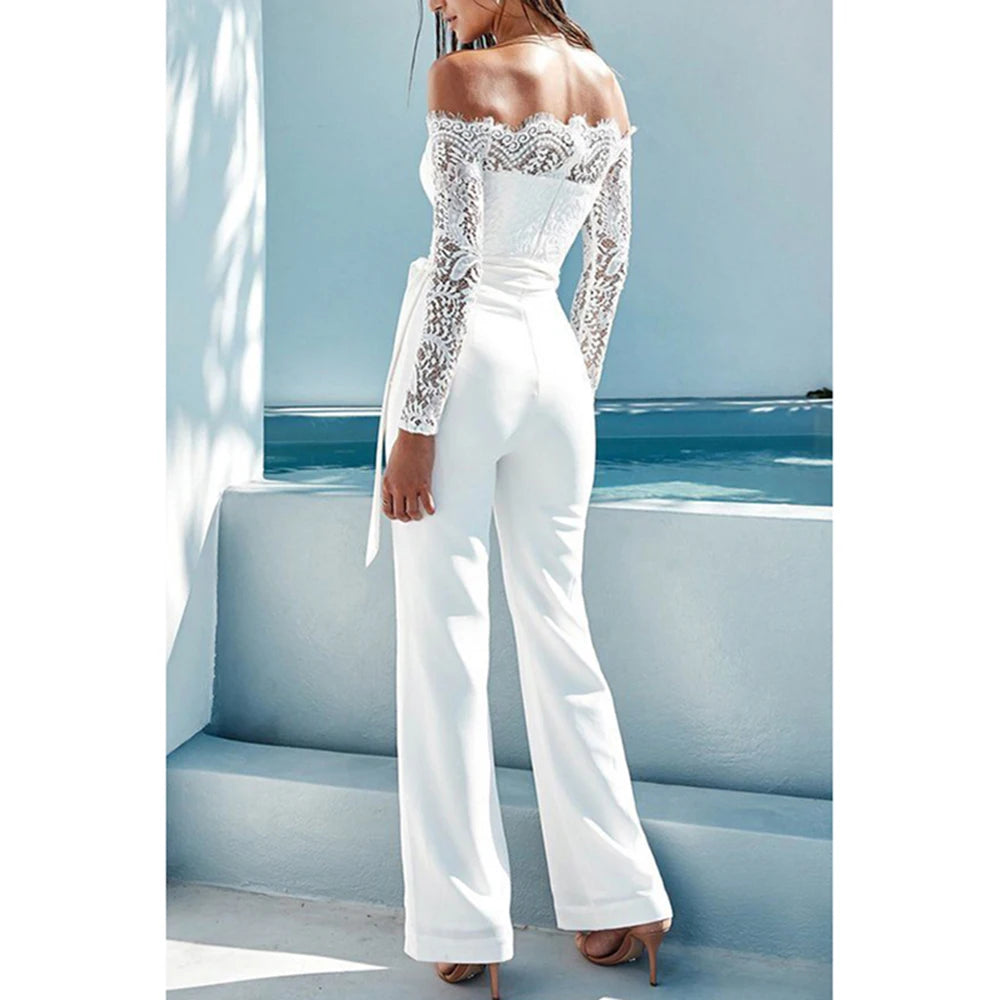 Elegant Off shoulder Lace Rompers Womens Summer Jumpsuit Sexy Ladies Casual Long Trousers Overalls White Jumpsuit