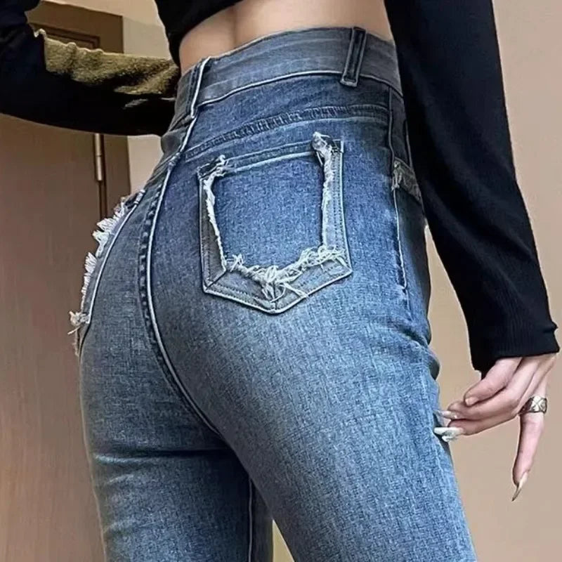 Flare Jeans Women Spring Girls Fur-lined Mopping High Waist Solid Designed Korean Style Leisure All-match Trendy Slender S-3XL