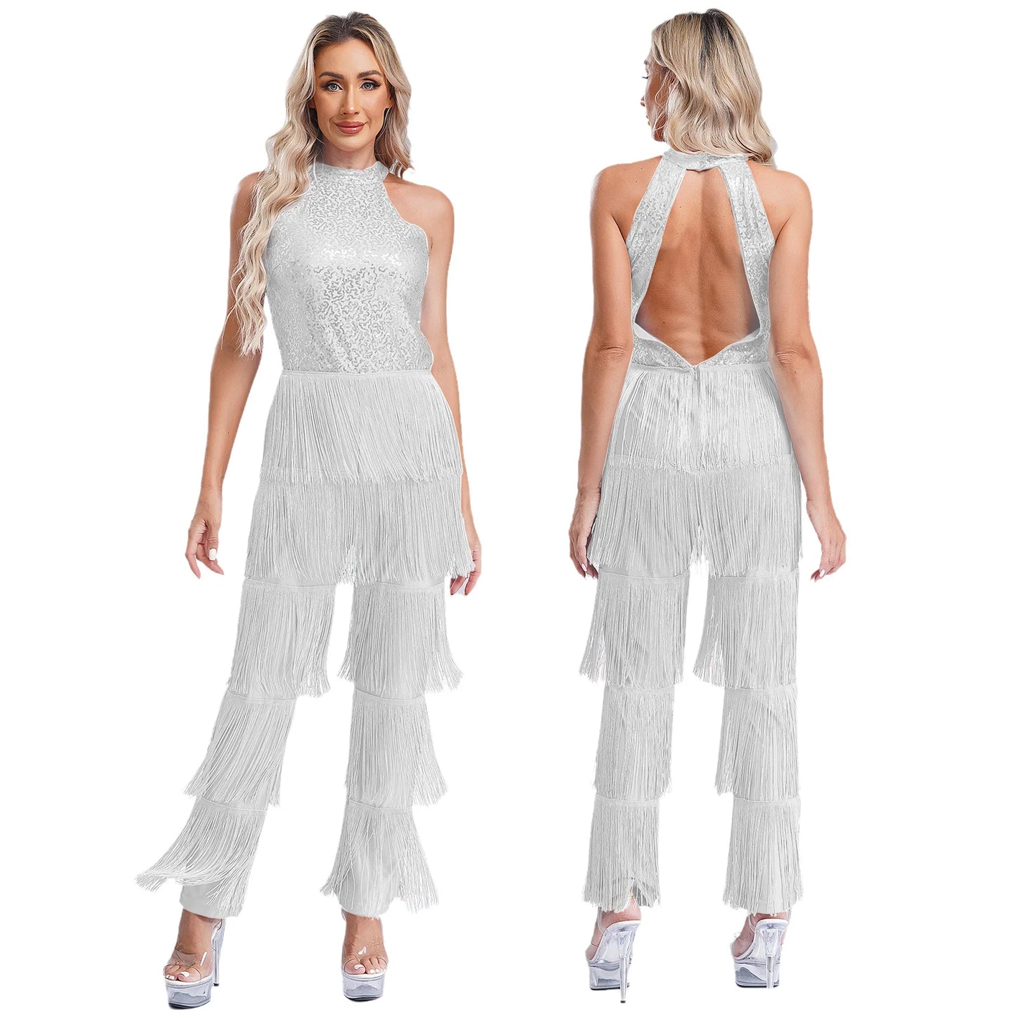 Women Latin Dance Performance Costume New Fringed Trousers Full Bodysuit Jumpsuit Ballroom Tassel Tango Cha-Cha Samba Clothes