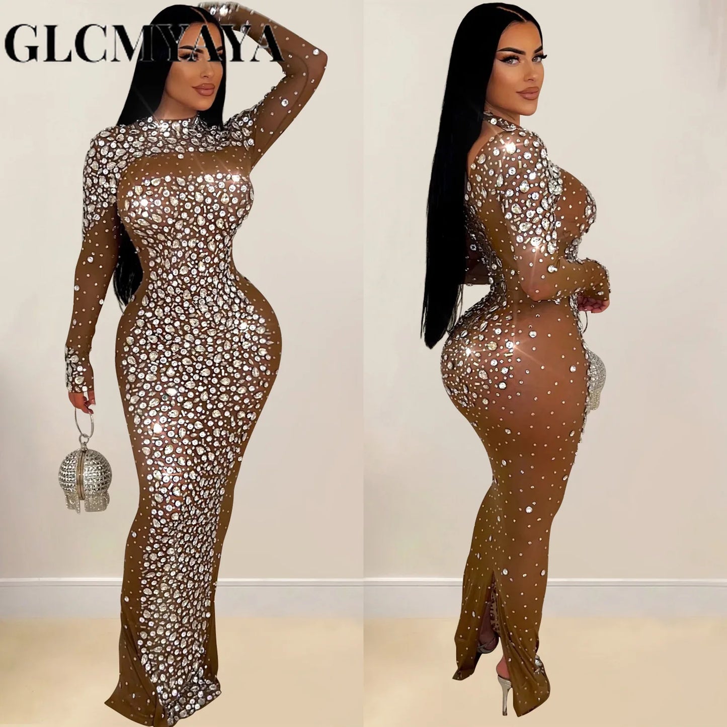 GLCMYAYA Elegant Women Long Sleeve Mesh Diamonds Hot Rhinestones Bodycon Midi Dress Women’s Maxi Long Evening Birthday Dresses