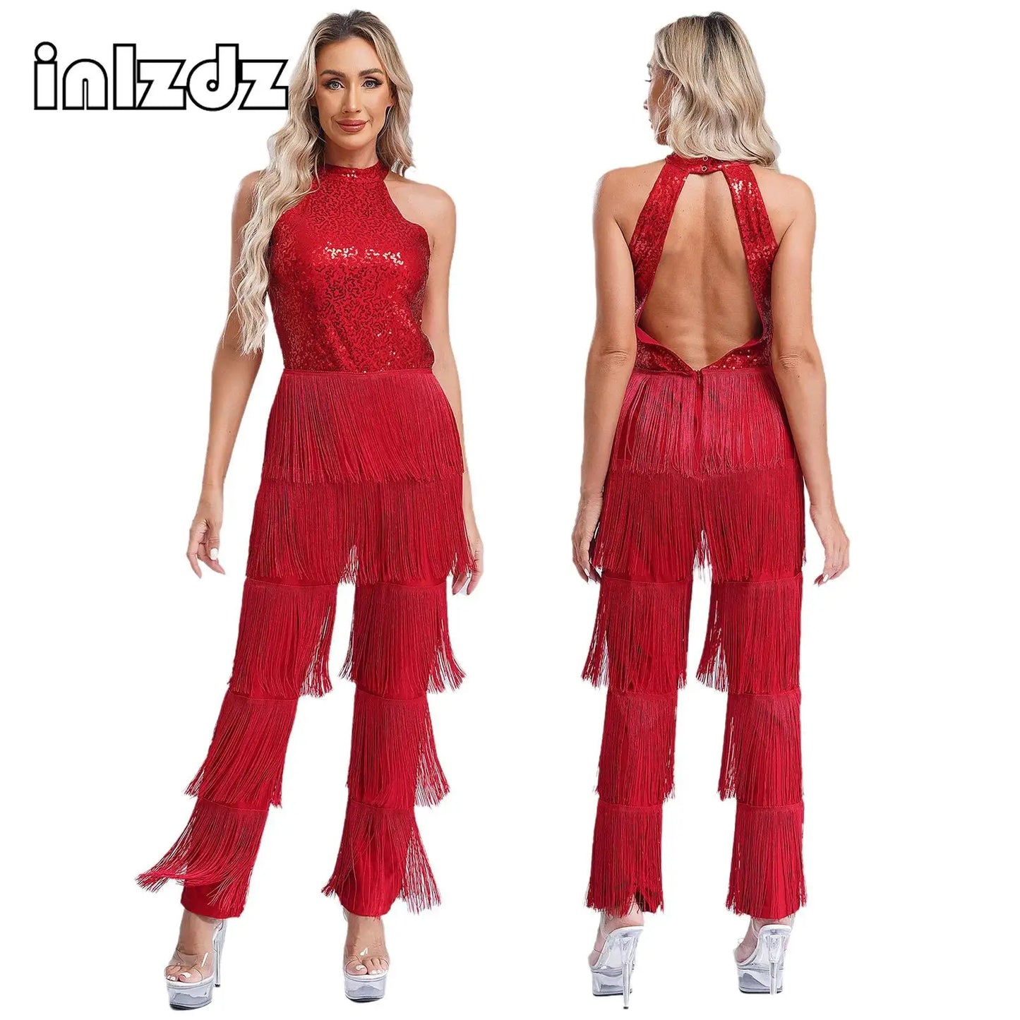 Women Latin Dance Performance Costume New Fringed Trousers Full Bodysuit Jumpsuit Ballroom Tassel Tango Cha-Cha Samba Clothes