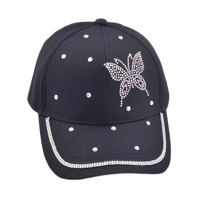 Adjustable Women Studded Butterfly Fashion Caps Bling Rhinestone Baseball Hat White Black Pink