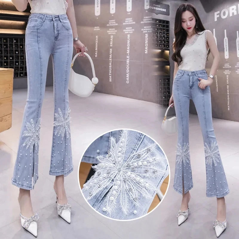 Flared Jeans Beading Design Korea Fashion High waist Tide Trousers Slim Elastic Female Bell Bottoms Spring Summer Denim Pants