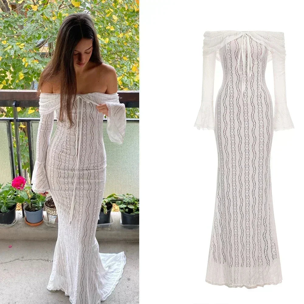 Suninheart White Off The Shoulder Bodycon Dress New in Flare Sleeve Elegant Lace Maxi Dress Wedding Guest Dress for Women