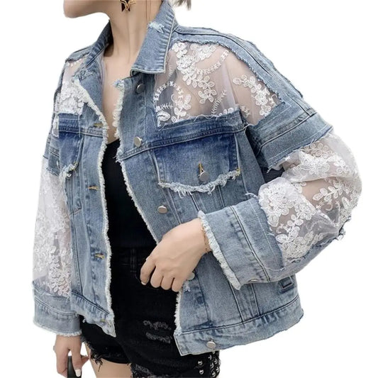 Denim Jacket Women Casual Long Sleeve Coat Lace Patchwork Jeans Tops Women Sexy Perspective Embroidery Flower Outerwear Spring