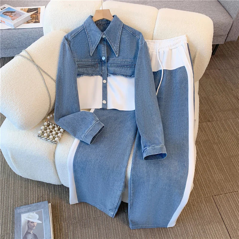 Vintage Women Patchwork Denim Jacket Pant Sets Long Sleeve Cropped Coat+High Waist Wide Leg Pants Streetwear Suit