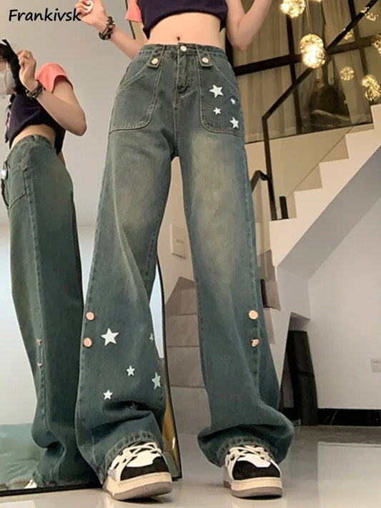 Jeans Women Trousers S-5XL Cozy All-match Trendy Star-design American Retro Button Leisure Students High Waist Simple Elegant