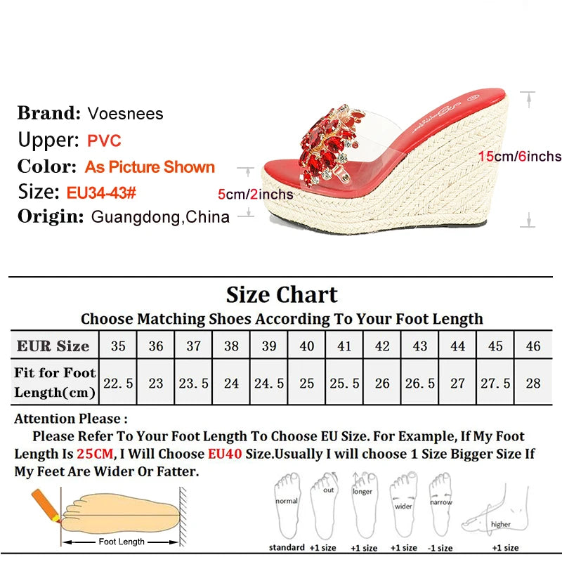 Wedges Sandals For Women 10.5CM Comfort Platform High Heels Rhinestone Slippers Large Size 42 43 Summer Ladies Transparent Shoes