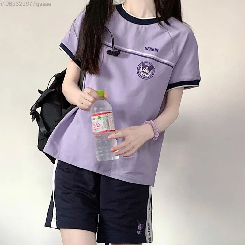 Sanrio Cinnamoroll Kuromi Women‘s Cute Sports Short Sets Emborid Summer Student Matching Sets Casual Sportwear Sweat Suit