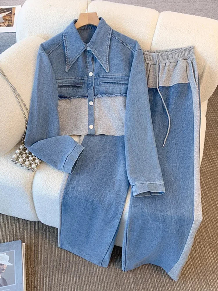 Vintage Women Patchwork Denim Jacket Pant Sets Long Sleeve Cropped Coat+High Waist Wide Leg Pants Streetwear Suit