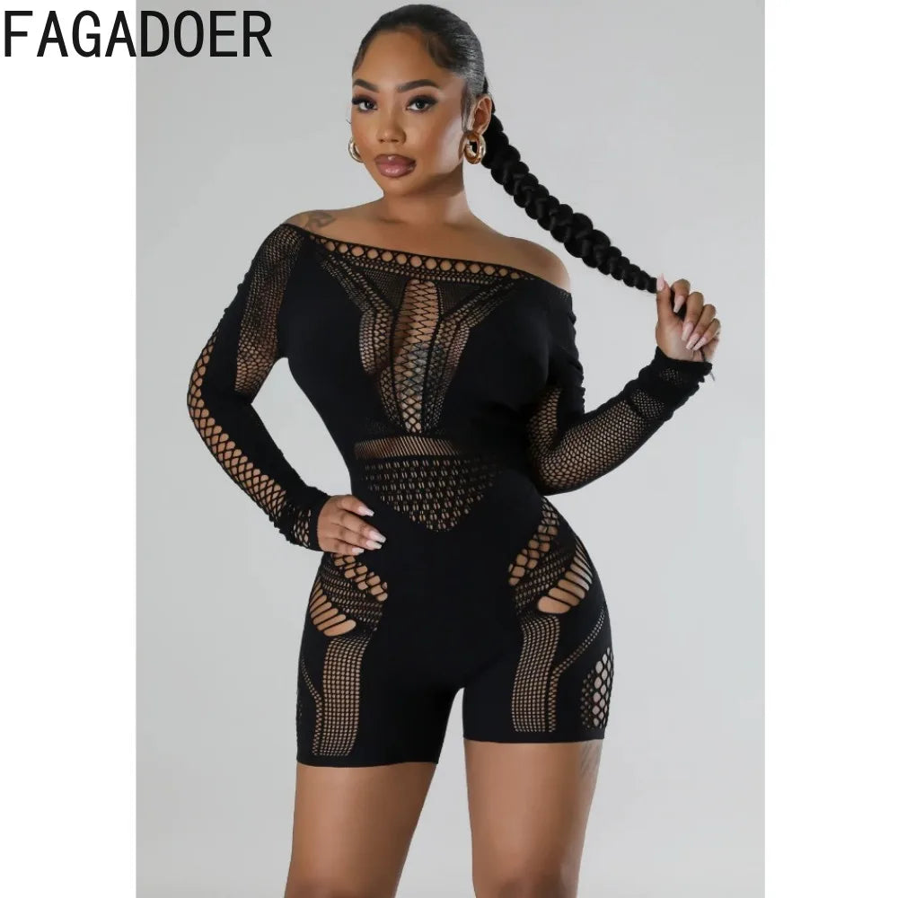 FAGADOER Sexy Lace Hollow Out Perspective Bodycon Rompers Women Off Shoulder Long Sleeve Backless Slim Jumpsuits Female Overalls