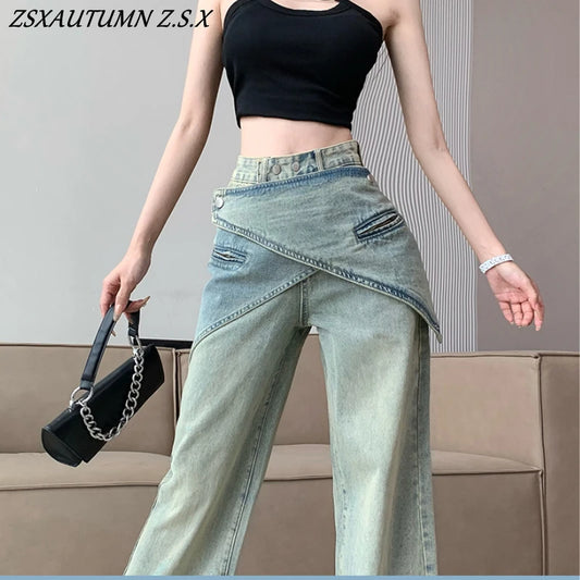 Real Shot High Quality New Irregular Fake Two Retro Design Straight Leg Jeans Wide-leg Pants Women Fashion High Street Unique