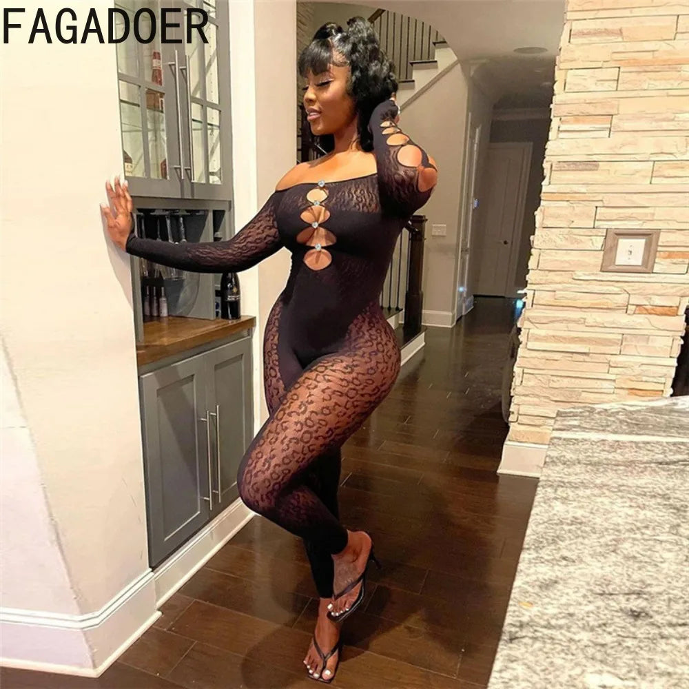 FAGADOER Sexy Lace Perspective Hollow Bodycon Jumpsuits Women Off Shoulder Long Sleeve Slim Playsuits Fashion Elastic Overalls