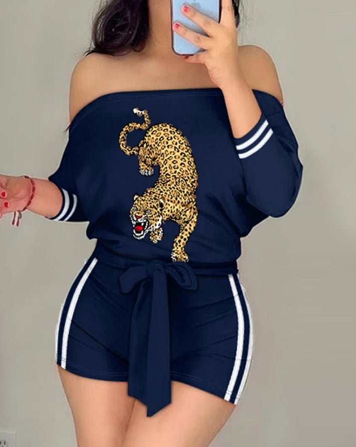 Jumpsuit Women 2024 Summer Fashion Striped Leopard Print Tied Detail Casual Off the Shoulder Three Quarters Skinny Daily Romper