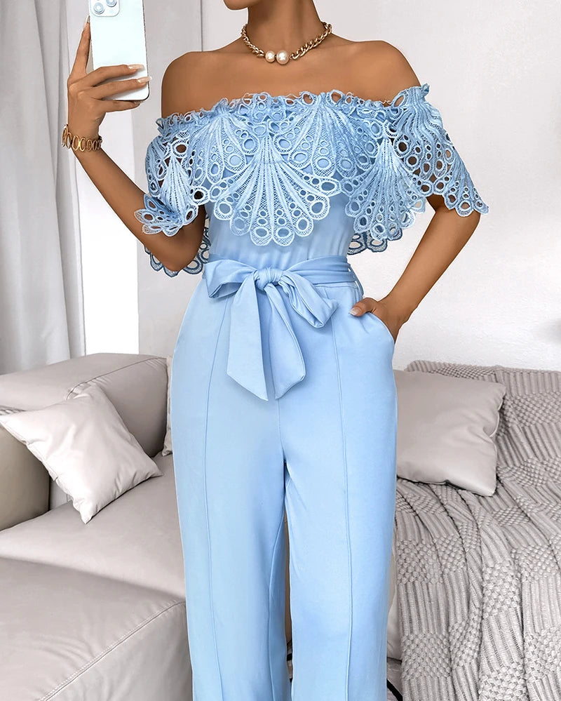 Eyelet Embroidery Off Shoulder Tied Detail Jumpsuit