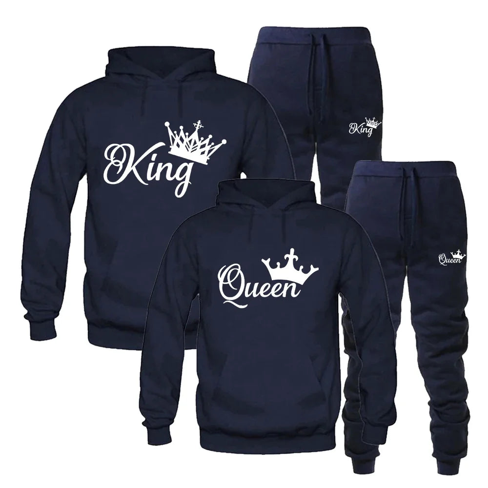 Fashion Spring Autumn Sweatsuits for Men Women Sportwear Set King or Queen Printed Couple Suits 2PCS Hoodie and Pants S-4XL