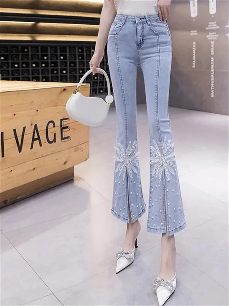 Flared Jeans Beading Design Korea Fashion High waist Tide Trousers Slim Elastic Female Bell Bottoms Spring Summer Denim Pants