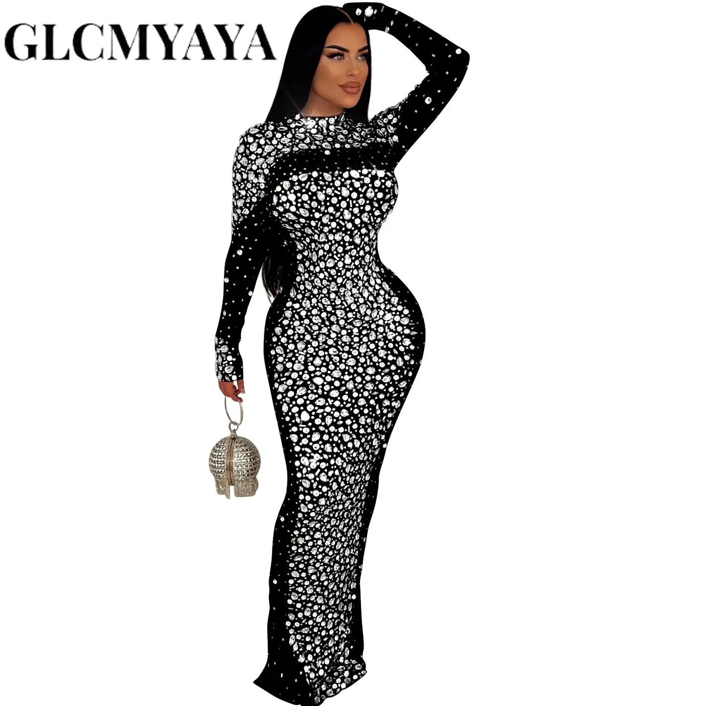 GLCMYAYA Elegant Women Long Sleeve Mesh Diamonds Hot Rhinestones Bodycon Midi Dress Women’s Maxi Long Evening Birthday Dresses