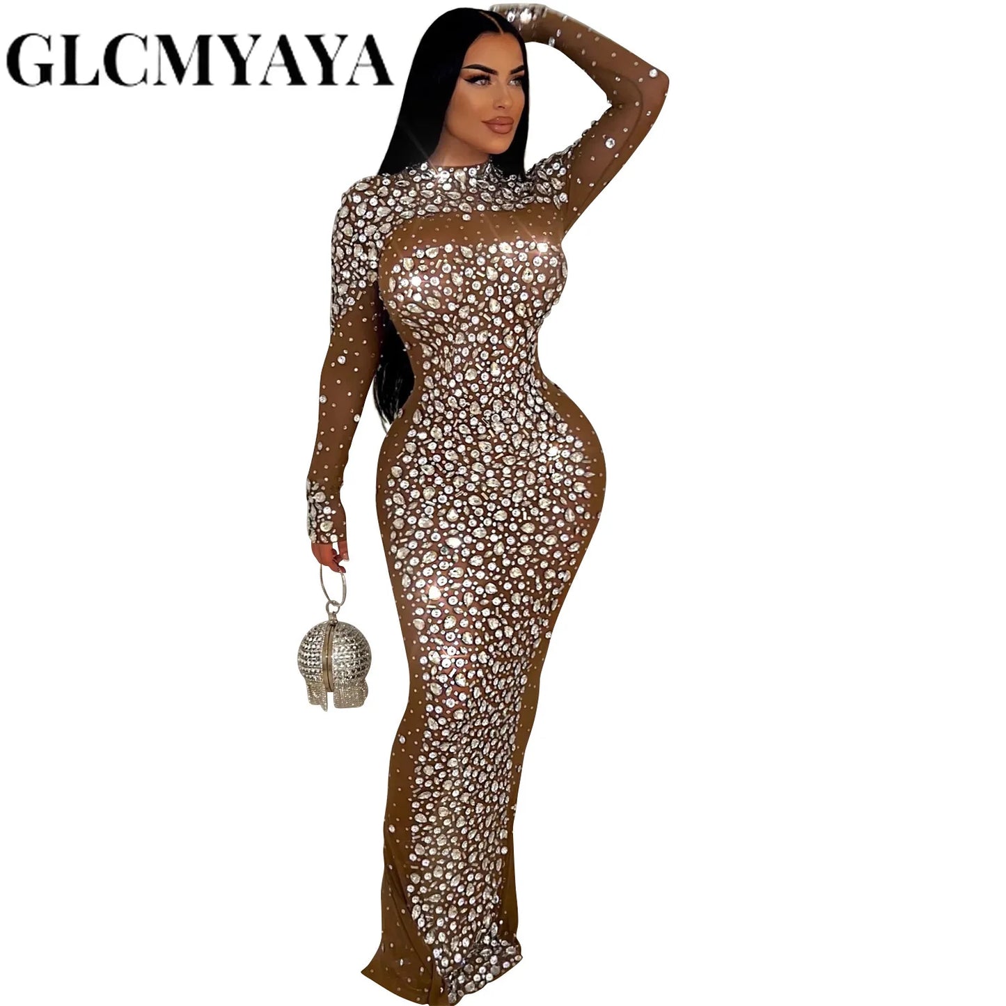 GLCMYAYA Elegant Women Long Sleeve Mesh Diamonds Hot Rhinestones Bodycon Midi Dress Women’s Maxi Long Evening Birthday Dresses