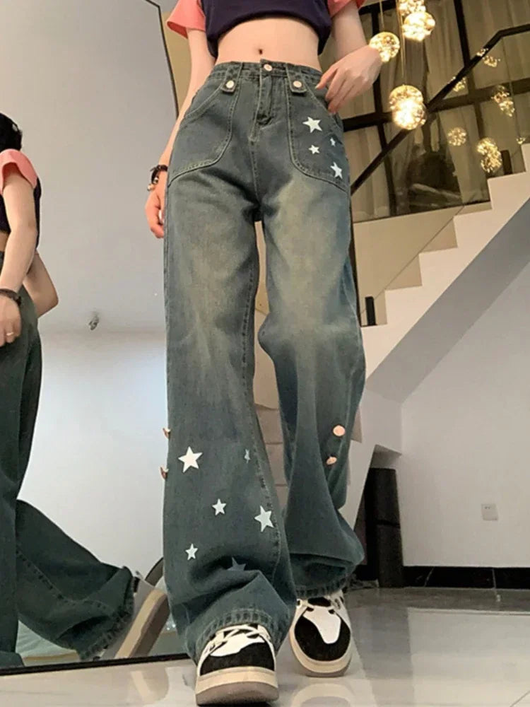 Jeans Women Trousers S-5XL Cozy All-match Trendy Star-design American Retro Button Leisure Students High Waist Simple Elegant