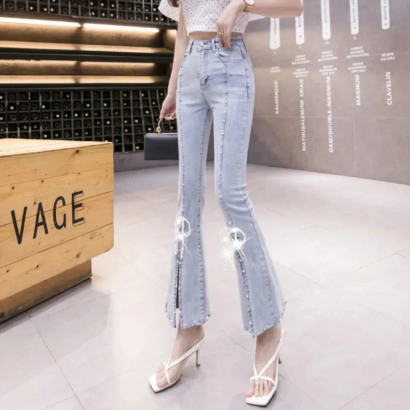 Flared Jeans Beading Design Korea Fashion High waist Tide Trousers Slim Elastic Female Bell Bottoms Spring Summer Denim Pants