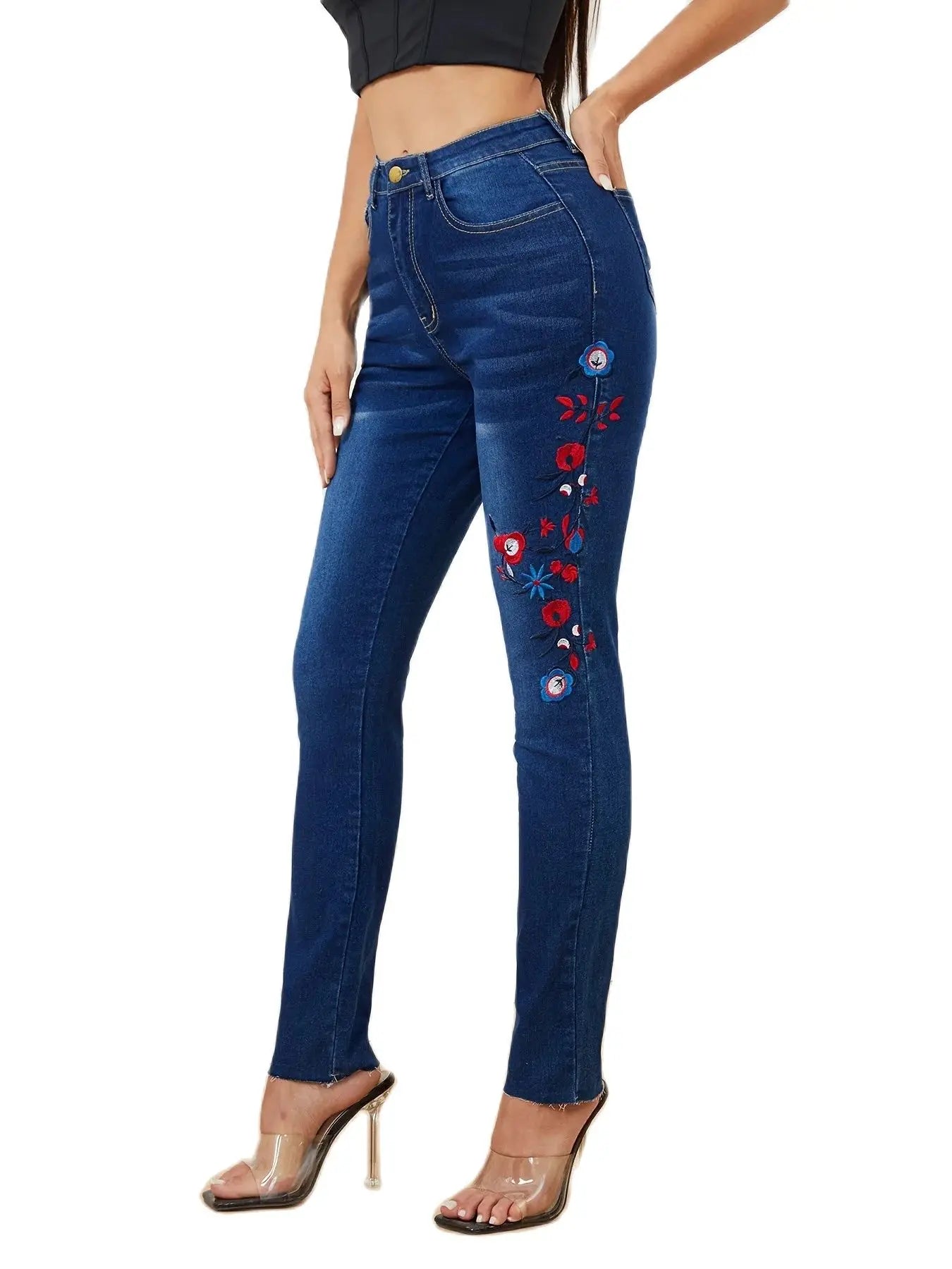 Winter New Fashion Design Women's Embroidered Jeans High Elastic Slim Denim Pencil Pants Casual Ladies Trousers S-XL