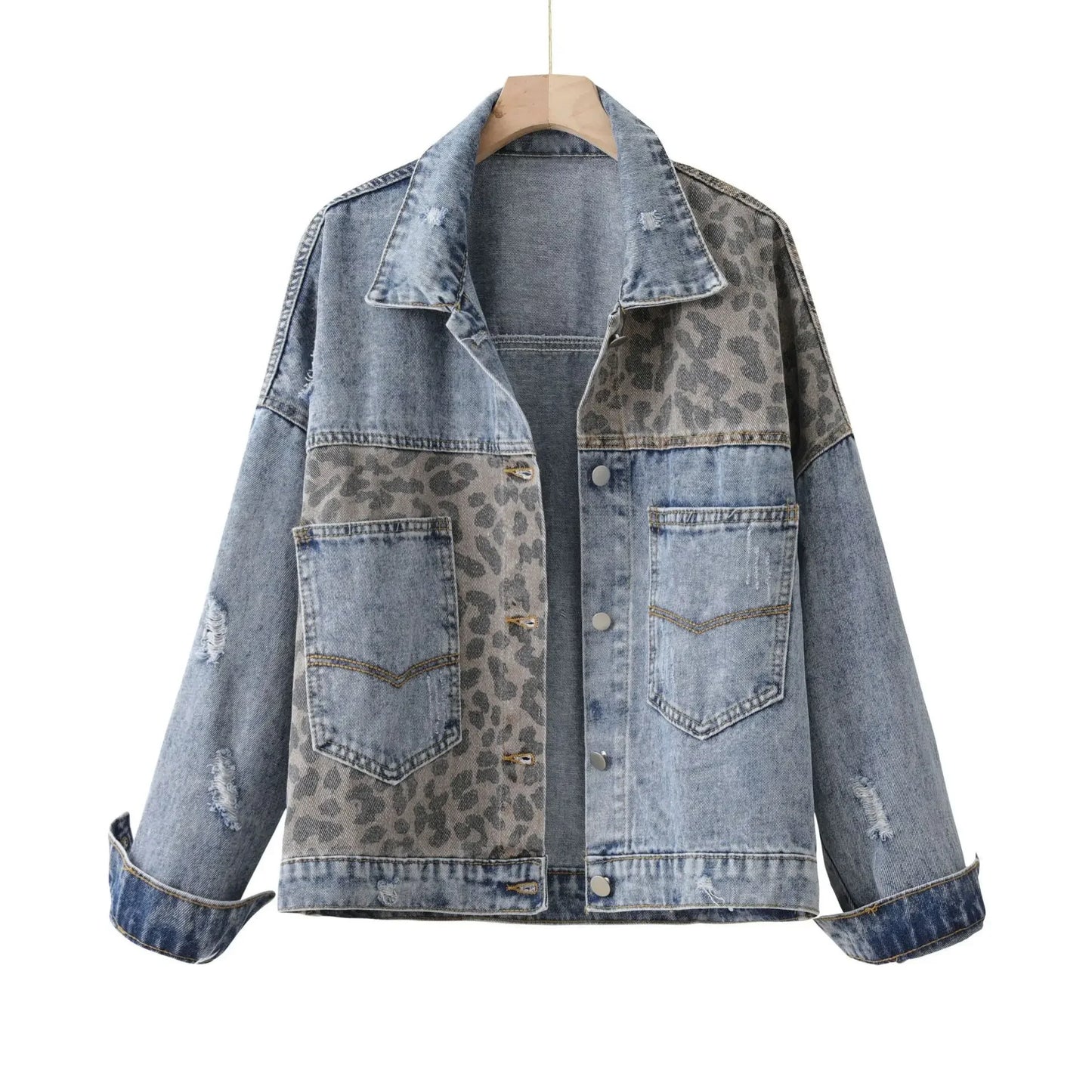 Women Denim Jacket Spring Vintage Coat Long Sleeve Singal Breasted Leopard-Print Casual Jean Outwear Female Top