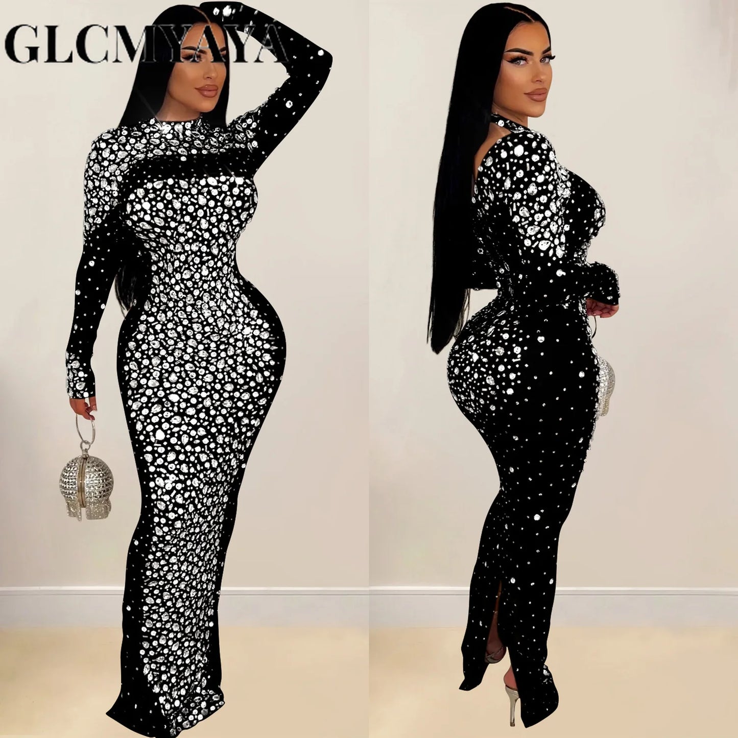 GLCMYAYA Elegant Women Long Sleeve Mesh Diamonds Hot Rhinestones Bodycon Midi Dress Women’s Maxi Long Evening Birthday Dresses