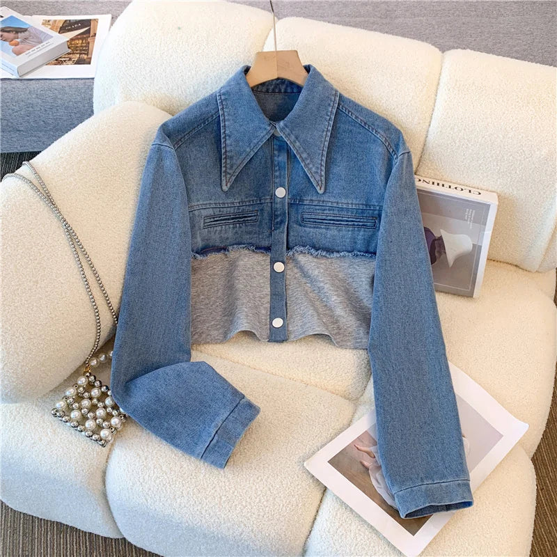 Vintage Women Patchwork Denim Jacket Pant Sets Long Sleeve Cropped Coat+High Waist Wide Leg Pants Streetwear Suit