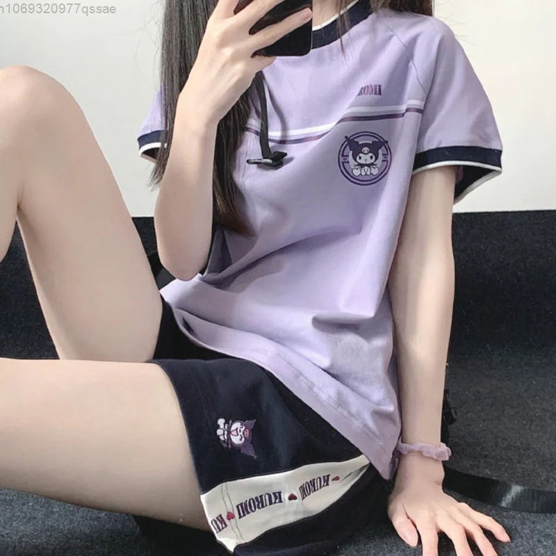 Sanrio Cinnamoroll Kuromi Women‘s Cute Sports Short Sets Emborid Summer Student Matching Sets Casual Sportwear Sweat Suit