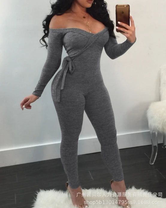 Women's Pants 2024 Spring Fashion Sexy Deep V-Neck Lace Up Off Shoulder Long Sleeved Casual Solid Color Skinny Daily Jumpsuit