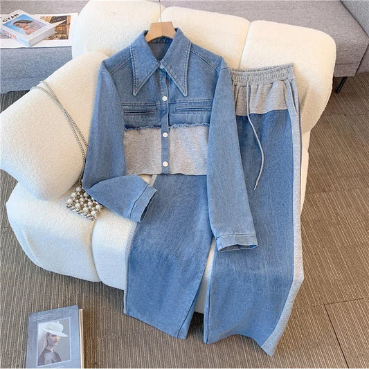 Vintage Women Patchwork Denim Jacket Pant Sets Long Sleeve Cropped Coat+High Waist Wide Leg Pants Streetwear Suit